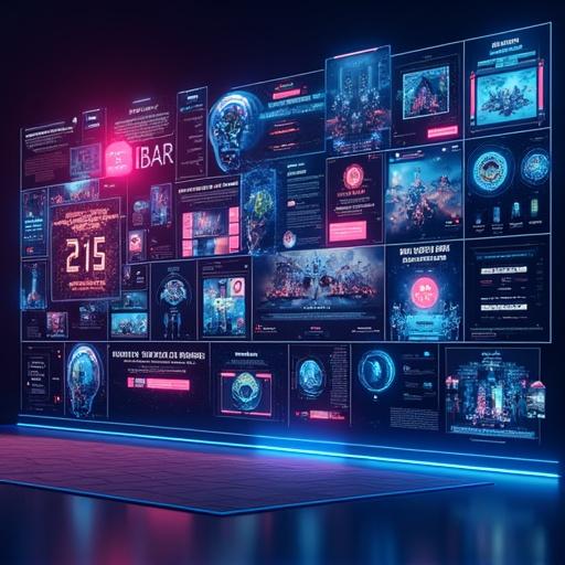 Collage of AI visuals and social media content. Incorporate creative storytelling icons. Include futuristic UI elements. Center the text 'AIBuzz – AI-Powered Visual Content for Brands'. Use deep blue electric pink and white in design.