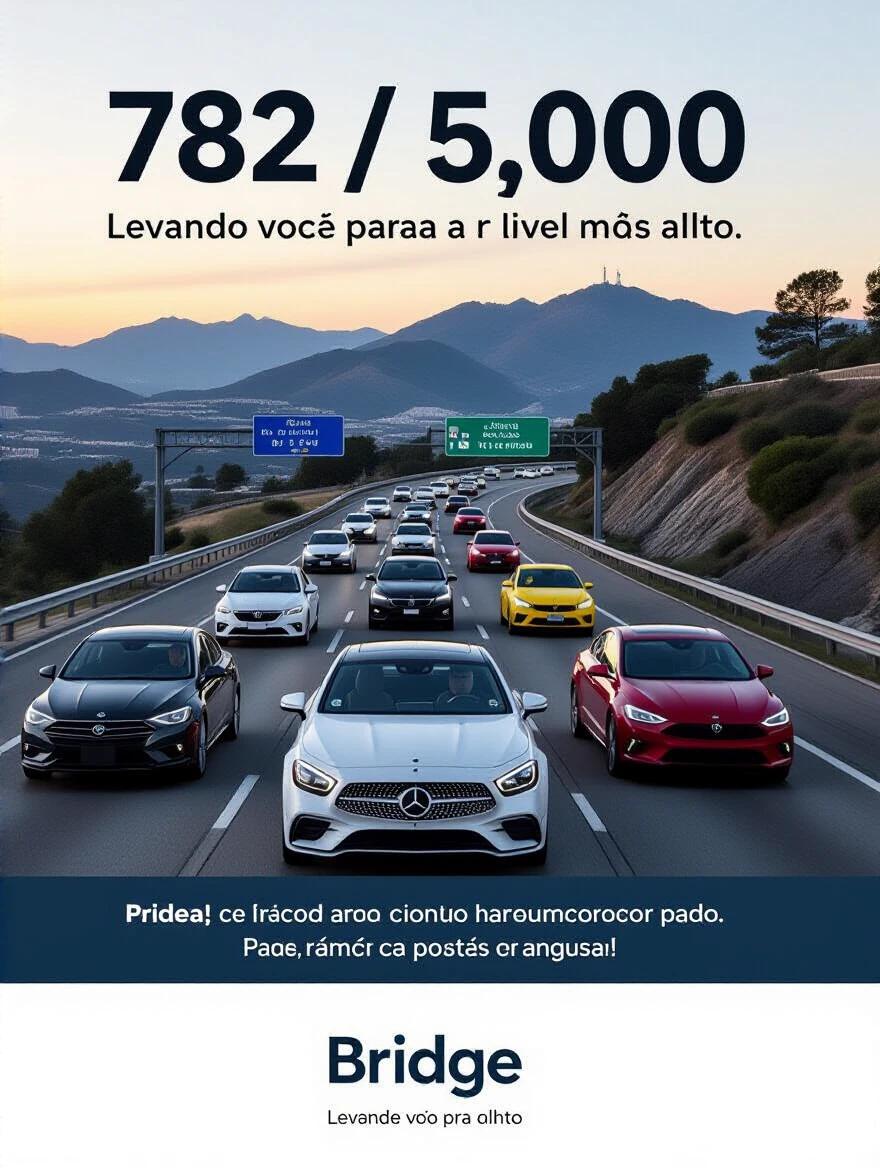 Conjunto de carros coloridos em uma estrada. Cenas de marketing digital para tráfego pago. Inclui logo da Bridge e frase persuasiva. Imagem em perspectiva elevada com iluminação natural.