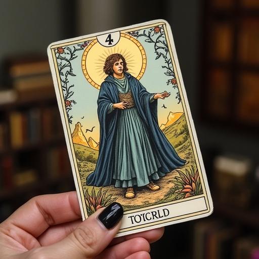 Harry Potter themed tarot card depicting a character surrounded by mountains and nature. The card shows intricate designs and symbols related to tarot.