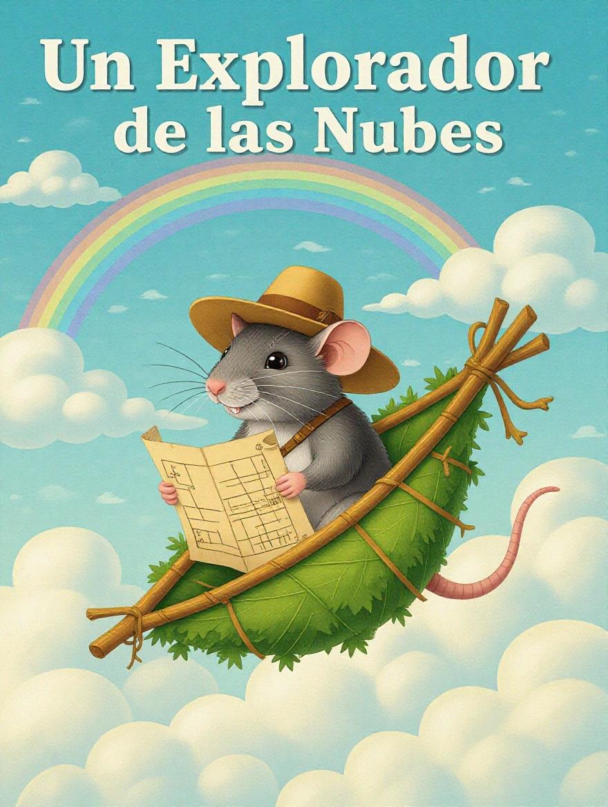A mouse with an explorer hat and a rolled map riding a kite made of leaves and twigs. Background includes a blue sky with fluffy clouds and a rainbow.