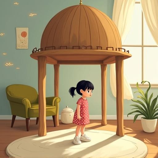 Children’s illustration featuring a symbolic wooden house with four pillars and a dome-shaped roof. Layla stands inside looking angry. She wears a pink polka-dot dress and white shoes. Her shadow is visible. The room has an olive-green armchair, off-white rug, window with curtains, and potted plant. Glowing trees and birds symbolize her imagination.
