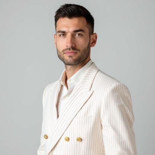 Photorealistic passport-size portrait of a man aged 30-40 with short dark hair and a clean-shaven face wearing a white double-breasted suit with red pinstripes and gold buttons. He has a neutral expression looking straight at the camera. The background is plain light grey.