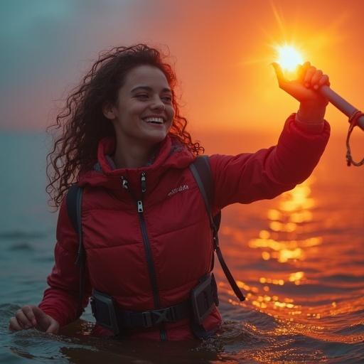 A confident young woman stands in shallow water at the beach. She smiles warmly while holding her hand up towards the sunset. The scene captures a serene and empowering moment with golden light reflecting on the water.