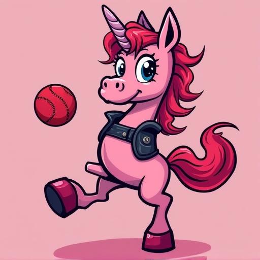 A cartoonish pony plays kickball. The pony is pink with a playful expression. It has a black leather harness and ball gag. The background is minimal, mainly pink. The pony is outlined with a bold vector art style.