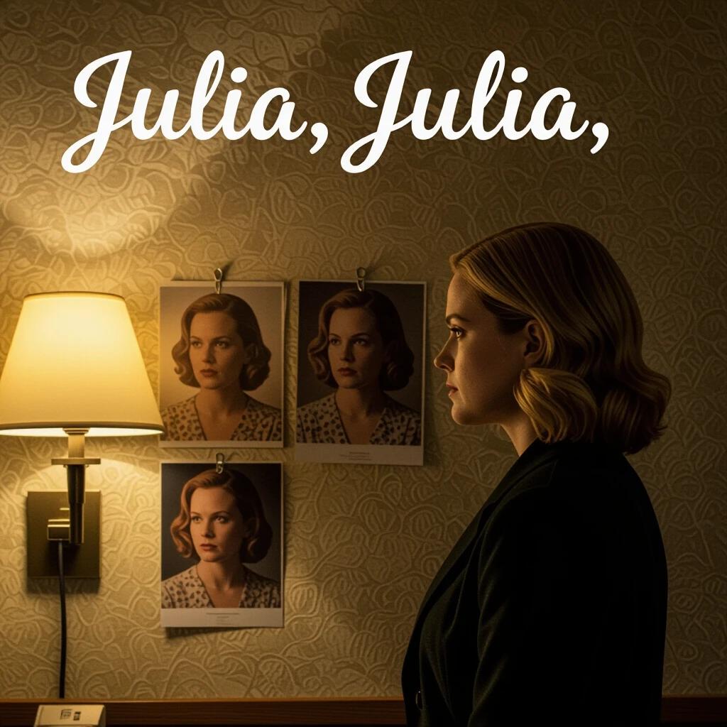 Movie poster features title JULIA, JULIA, JULIA in cursive. Elisabeth Moss appears in profile gazing at photos of herself on wall. Warm lamp light contrasts with shadows.