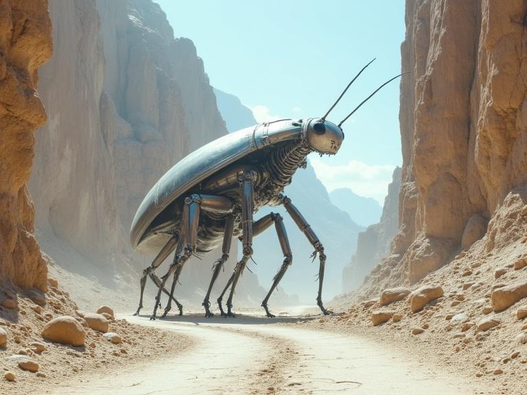Image of a giant sleek silver metallic biomechanical insect in a white desert canyon. Tall mountain walls surround a dry, cracked road. The sky is sunny and blue. Detailed textures and strong shadows create a realistic atmosphere.