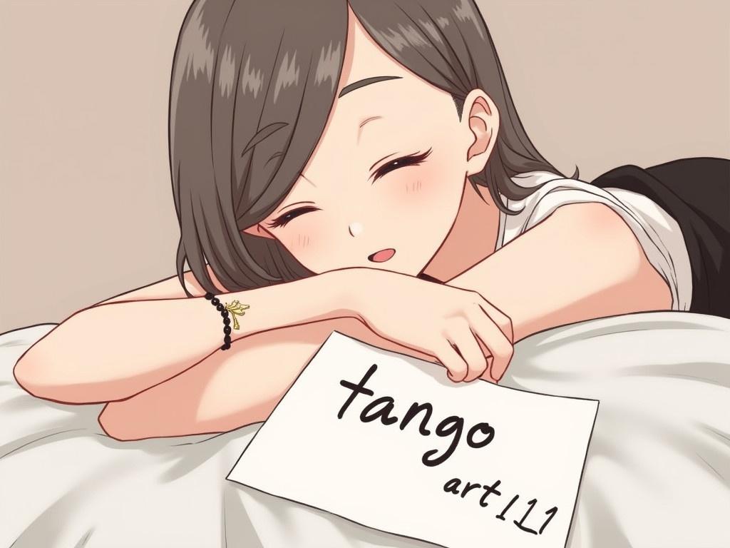 The image features a girl lounging on a bed, showcasing her bare shoulder and part of her arm. She has long hair that falls gracefully around her face and shoulder. On her wrist, she wears a delicate black bracelet adorned with a small gold charm. In the lower right corner of the image, she holds a handwritten sign that reads 'tangoart11.' The background is a soft, neutral color that enhances the overall atmosphere of relaxation and casual intimacy.