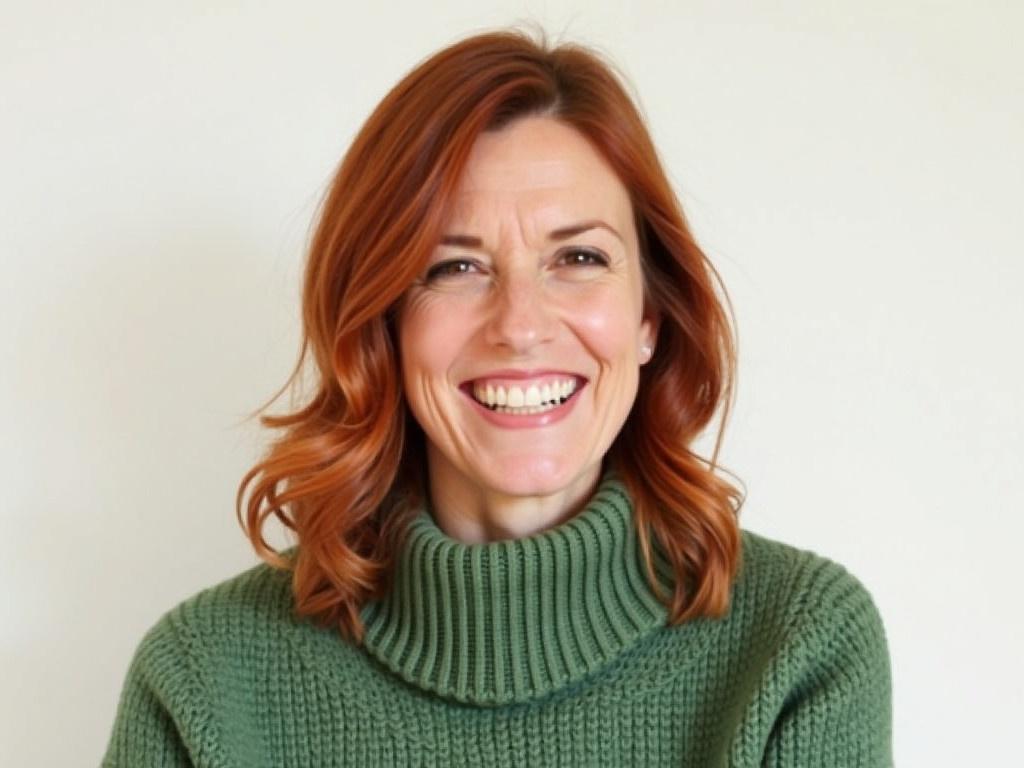 The image features a woman with shoulder-length hair and a vibrant reddish-brown color. She is wearing a cozy green knit sweater that has a loose, relaxed fit. The background is neutral and simple, likely white or light-colored, providing a soft contrast to her outfit. The woman's expression is friendly and casual, suggesting a moment of relaxation. Her hairstyle falls naturally around her shoulders, giving off a warm and approachable vibe.