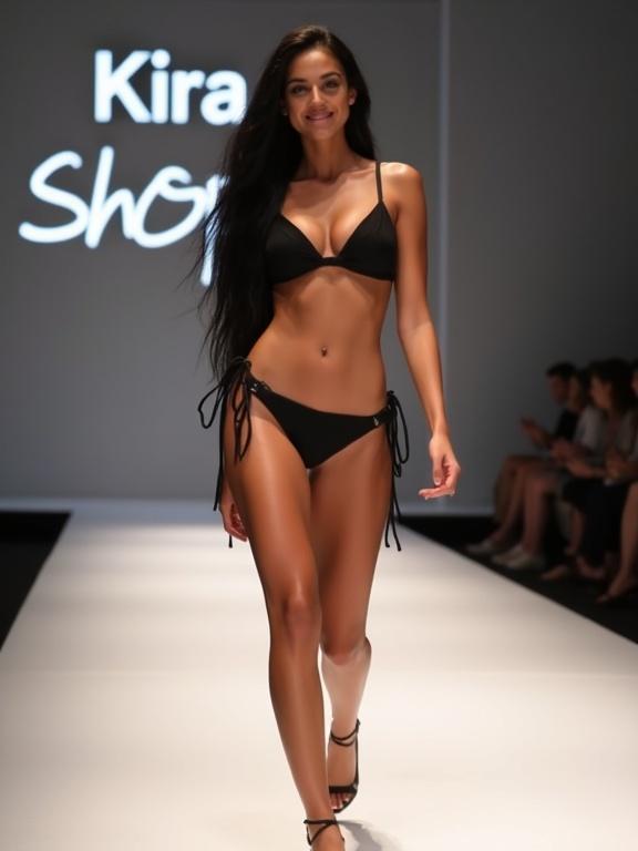 Young woman with long black hair wearing a black two-piece swimsuit. She smiles sweetly at the camera while walking on a white catwalk. 'Kira Shop' sign is illuminated in the background.