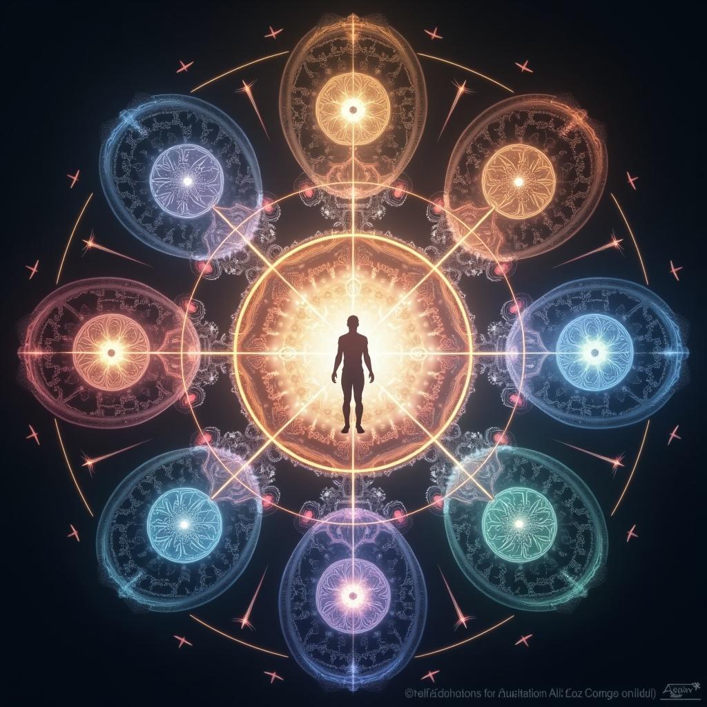 Complex multi-dimensional diagram of Q-Life Healing Mod centered on human form. Illustration of cosmic connectivity and advanced technology. Bright colors denote energy flows and layers. Central being surrounded by intricate quantum structures. Visual representation of healing system with various interlinked modules. Emphasis on vibrancy and sacred geometry in design.