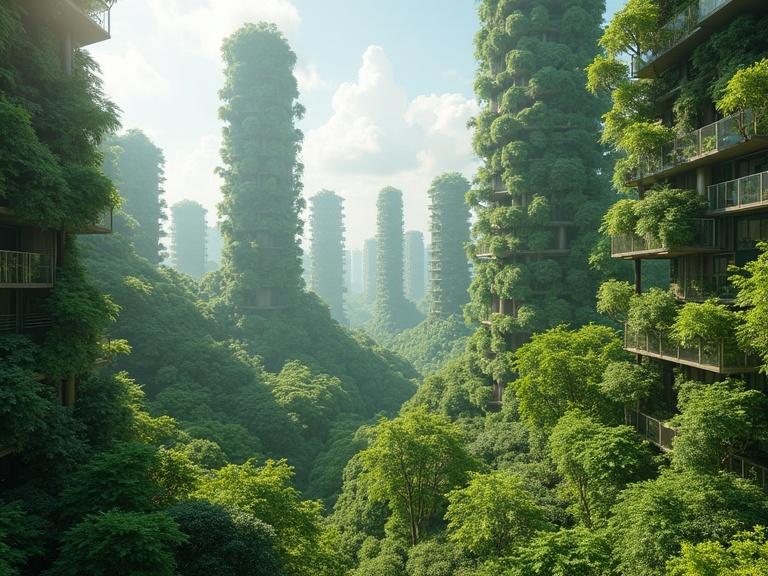 A utopian cityscape featuring tall structures covered in greenery. Vertical forests integrated into buildings. Lush landscape with trees. Clean energy elements visible. Bright sky with soft clouds.