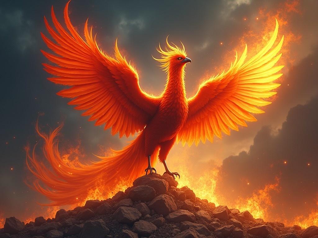 A majestic Phoenix rises from a pile of rocks, wings outstretched in vibrant hues of orange and red. Flames engulf the background, giving an impression of the creature emerging from fire. The feathers shimmer with golden highlights, capturing the essence of a magical being. Its eyes blaze with intensity, embodying strength and resilience. The composition evokes a sense of triumph and renewal.