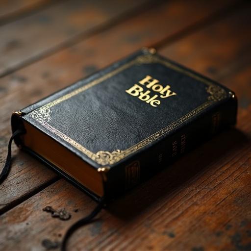 A closed holy bible rests on a wooden surface. The cover prominently displays the words 'Holy Bible' in gold lettering. The bible features a black leather cover with intricate design elements.