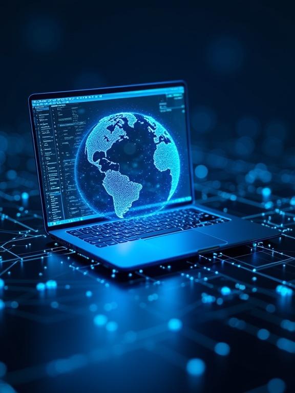 Image depicts a laptop showcasing a holographic globe representation. Background illustrates a digital network in electric blue color. Suitable for IT support themes.