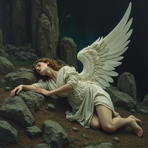 A fallen angel lays on a grave in a dark fantasy setting. The aesthetic resembles 1980s Excalibur. The atmosphere feels somber and macabre.