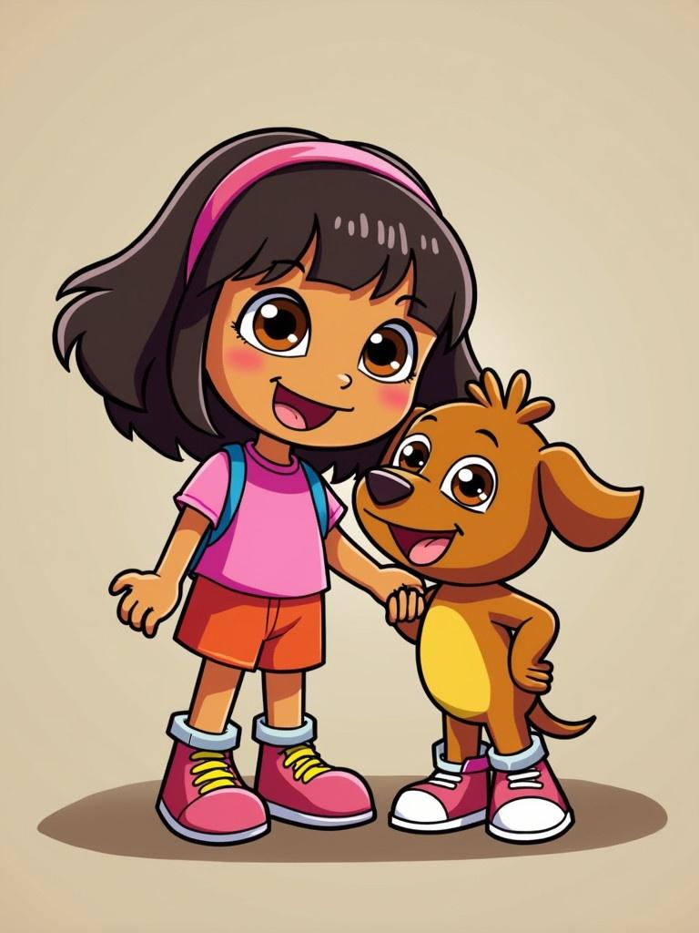 Cheerful cartoon girl with dark hair and pink shirt stands beside friendly brown dog. They are smiling and holding hands. Background is light beige.