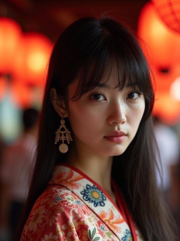 Portrait of a young woman wearing a floral patterned kimono. She has long dark hair and earrings. Background includes red lanterns creating a cozy atmosphere. Mood feels peaceful and serene.