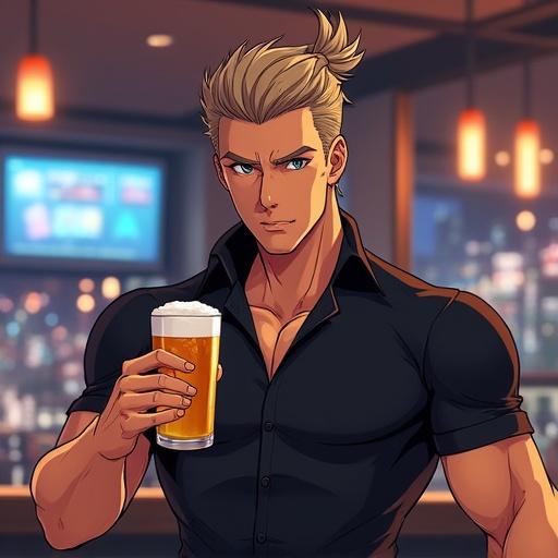 An anime scene featuring a handsome man in a modern bar. He has silver eyes and short light brown spiky hair with a ponytail. Wearing an expensive polo shirt, he stands calmly while holding a glass of non-alcoholic beer. Character is muscular with 6-pack abs and wearing a wedding ring. Bar is luxurious and sophisticated, set in Tokyo. Evening time, spring season, featuring light gold and onyx black color scheme.