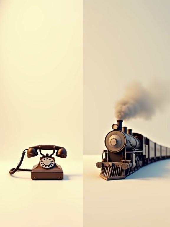 High-quality side-by-side image of old and modern inventions on a light beige background. On the left: vintage rotary phone and old steam train. On the right: modern smartphone and bullet train. Designed for a quiz game titled ‘Which Invention Came First?’ Minimalistic and educational.