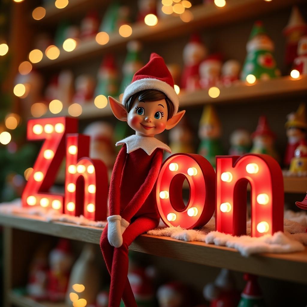 Cheerful elf in red outfit displayed against colorful Christmas decorations. The elf is sitting next to bright letters spelling 'Zhion'. Warm and festive ambiance with soft lighting and holiday cheer.