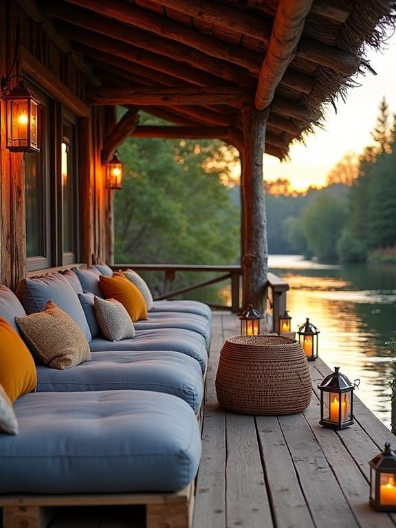 A picturesque outdoor riverfront deck featuring a seating area with blue-gray cushions and mustard pillows. A round wicker table with lanterns. The deck is made of weathered wood with hanging lights and a scenic view of the river at sunset with lush green trees.