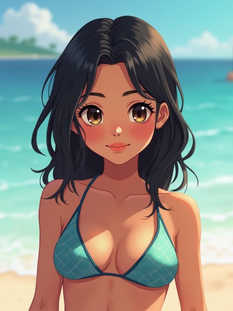 Frontal and profile shot of a tween girl in a bikini. She has black hair and a shy smile. The background is a beach setting with waves.