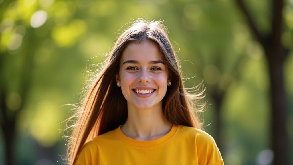 A young woman enjoys a moment outside. She has long flowing brown hair and wears a bright yellow shirt. Her smile radiates happiness. The background features blurred green foliage and soft sunlight, contributing to a joyful atmosphere.