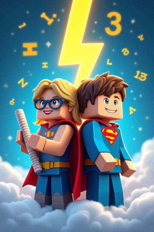 Children depicted as superheroes with capes smile confidently. One child is holding a pencil while the other has rolled test paper. Bright royal blue background includes a large yellow lightning bolt and floating mathematical symbols. Clouds surround their lower bodies. The image has a Minecraft style.