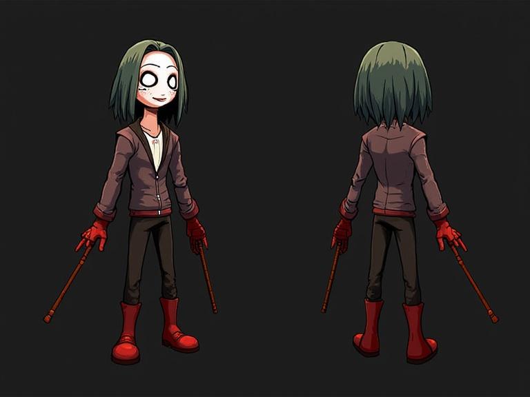 Character design for The Ripper Jack from Identity V. Animated character depicted from the front and back views. Distinctive features include green hair, white eyes, red gloves, and boots. Shadowy background emphasizes the character.