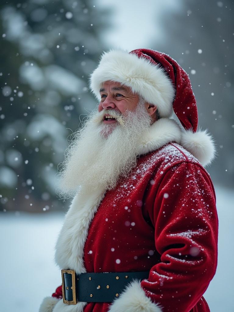 Santa Claus wears a red suit and hat. Soft snow falls in a winter landscape. Background is blurred with evergreen trees. The focus is on Santa with a fluffy white beard and black belt. He stands amidst the snow.