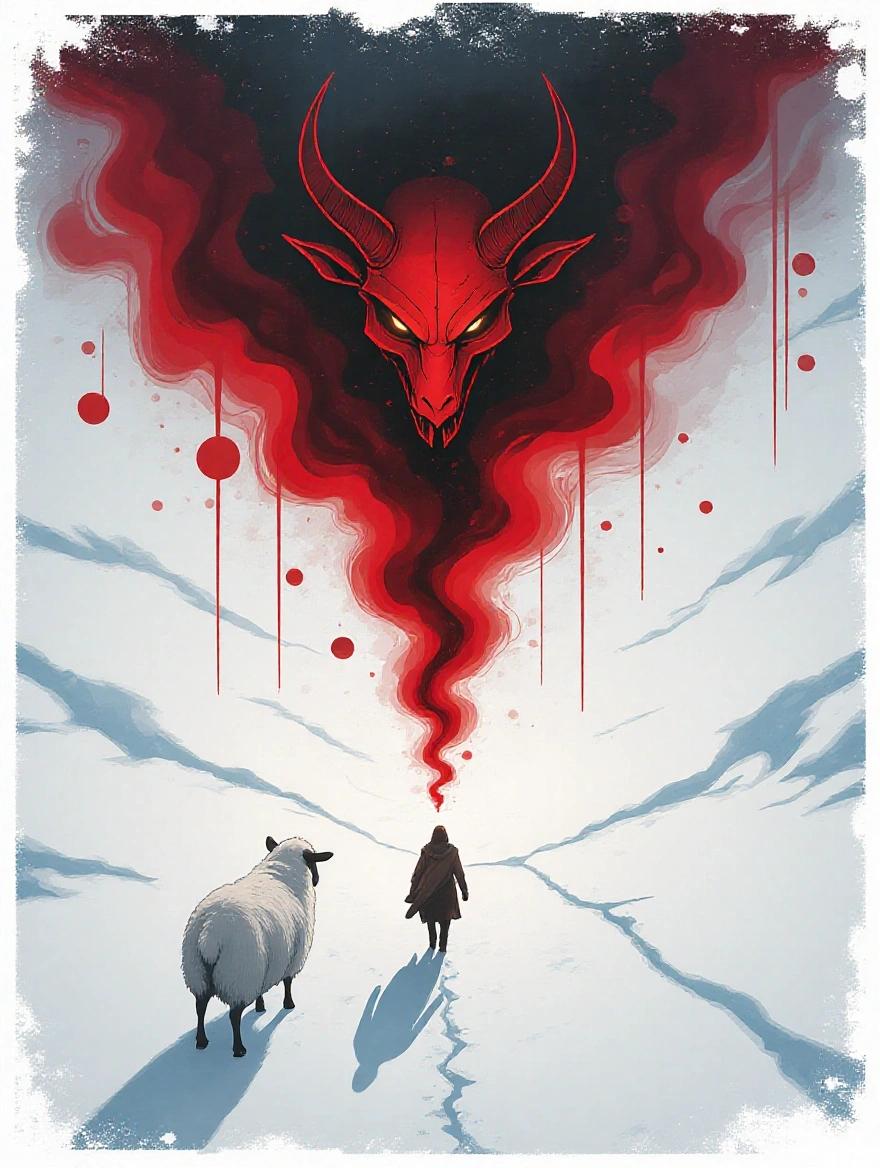A game poster depicting a sheep searching for its lost lamb, symbolically representing Jesus. The setting features a snowy terrain, with a sheep approaching a large blood stain. The blood merges subtly into the shape of a demon, primarily visible from a top-down view. The style aims for realism and a slight elevation angle for depth.