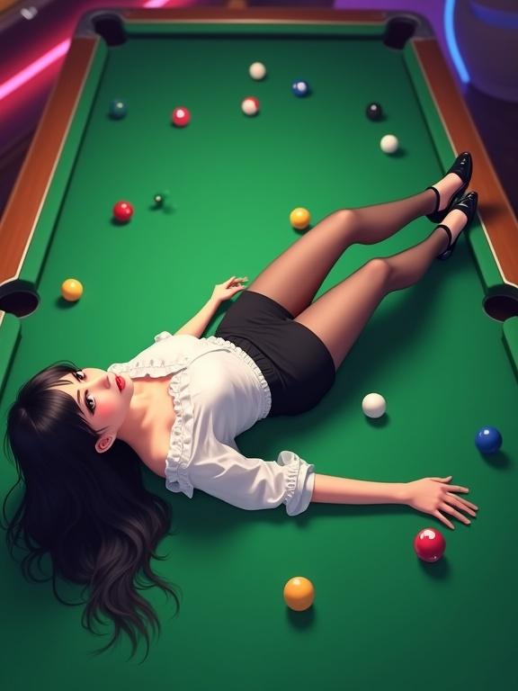 A full-body top-down image of a mid-20s East Asian woman in realistic-kawaii anime style. Lying gracefully and sensually on her back on a green pool table. She has a flawless jade-white complexion and wears a crisp white chiffon blouse tucked into a black knee-length pencil skirt. Her long legs are clad in sheer black pantyhose and black closed-toe heels. Her silky long black hair spills across the table, framing her plump, beautiful face with delicate makeup. She gazes upward with confidence. Colorful billiard balls are scattered around her. Background suggests a stylish, neon-lit arcade or bar.