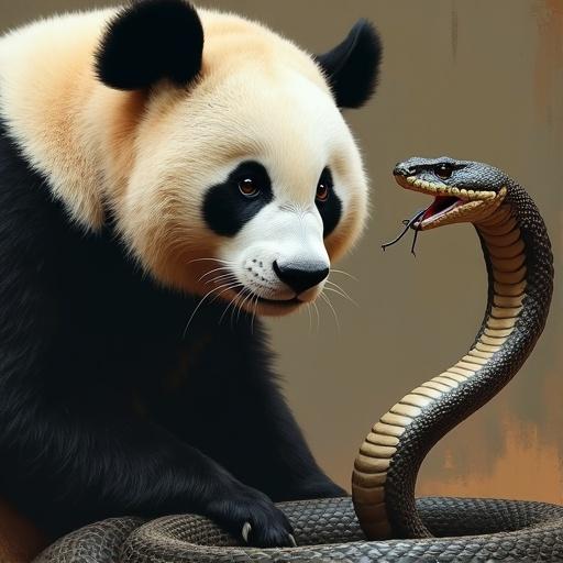 A panda painting a cobra. The cobra is painting a surprised human. Symbolizes creativity and nature.
