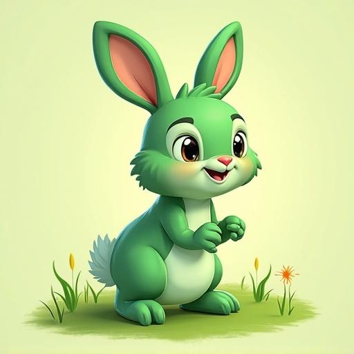 Toon render of an Amphibunny. Bright green colors with a grassy background. The character is cute and playful.