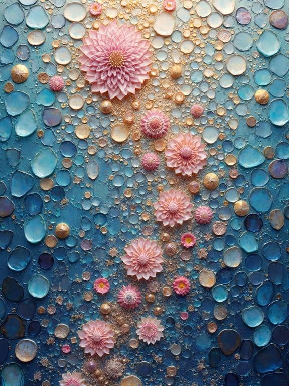 3D iridescent ceramic tile and glass mosaic with ethereal abstract design. Features flowers and bubbles in a harmonious layout.