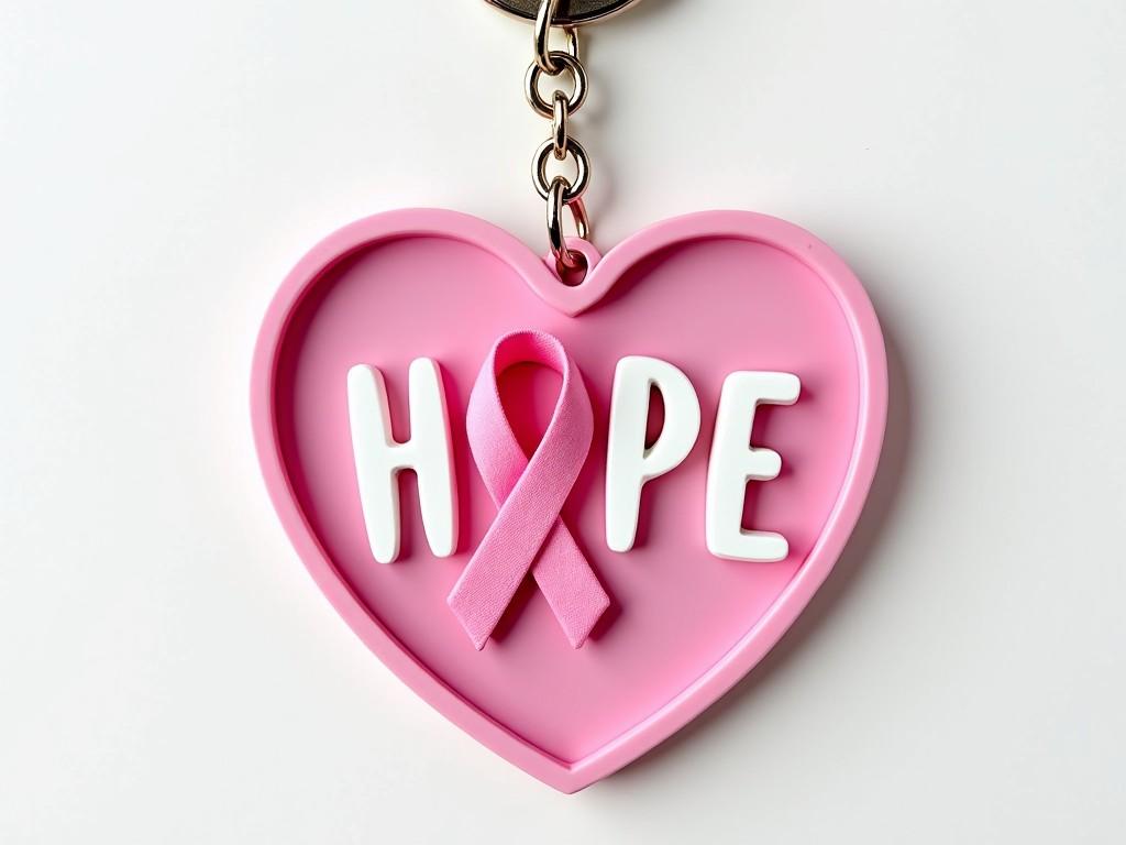 A heart-shaped pink keychain with the word 'HOPE' and a pink ribbon inside, symbolizing breast cancer awareness.