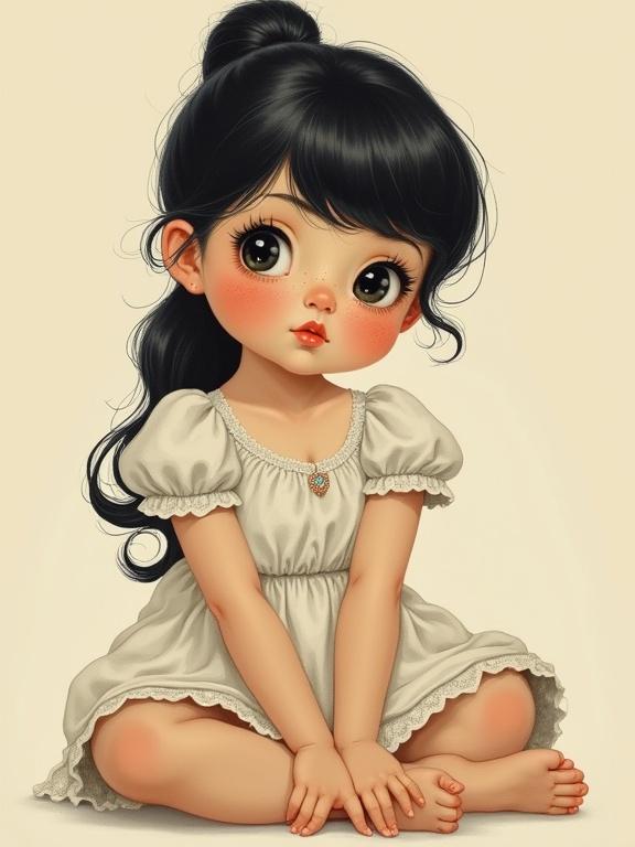 An illustration of a young girl with pale skin and chubby cheeks. She has a black ponytail and freckles. The girl is wearing a white dress and sitting with hands on her knees. The artwork is done in a vintage pin-up style.
