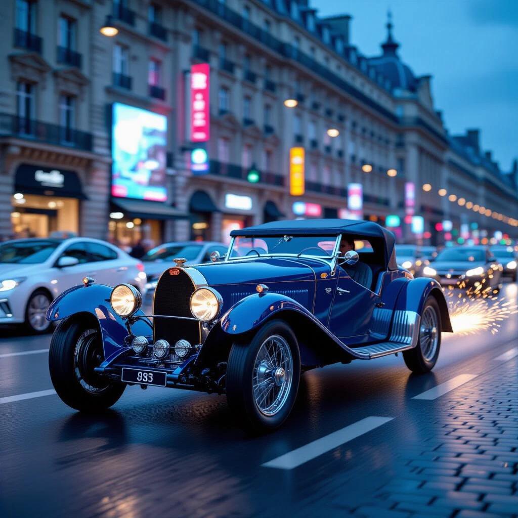 A photorealistic urban motion scene set in Paris 2025. A vibrant blue 1924 Bugatti T35 is in the foreground speeding through traffic on Champs-Élysées. The image showcases ultra sharp details like the hand-riveted aluminum body and chrome wire wheels. The background features a bokeh of self-driving pods and holographic ads reflecting on wet asphalt. Sparks are visible from the cobblestones as the car moves. The lighting emphasizes the golden hour with a rain mist effect.