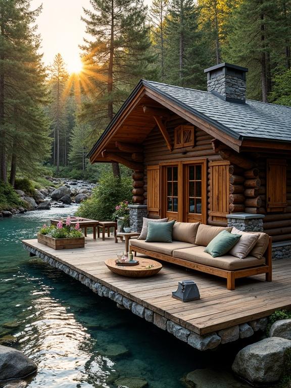 This image showcases a serene forest cabin retreat by a crystal-clear stream. The rustic wooden cabin has a cozy outdoor lounge with cushions and plants. Tall evergreen trees surround the setting, illuminated by the golden sunset. The deck extends over the water, enhancing the tranquil atmosphere.