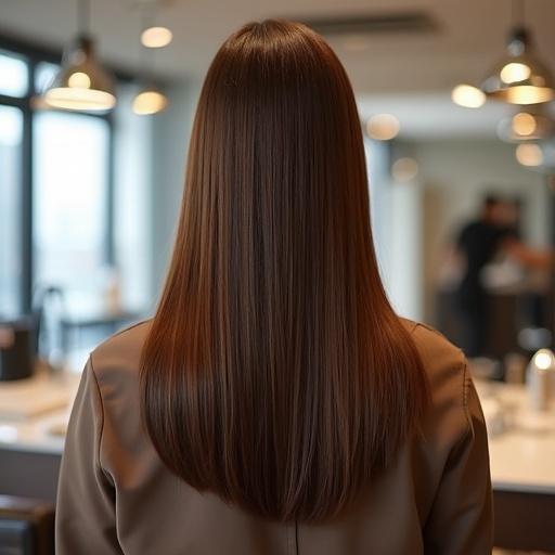 Back view of smooth Japanese straight hair showcasing a glossy shine in a modern interior setting.