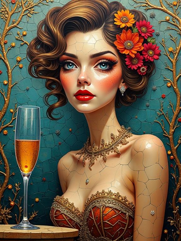 Portrait of a beautiful woman with gothic eyes wearing a gold filigree corset styled with flowers. Background features iridescent ceramic tiles. Her champagne glass holds bubbles resembling miniature universes. Artistic and abstract with ethereal elements.