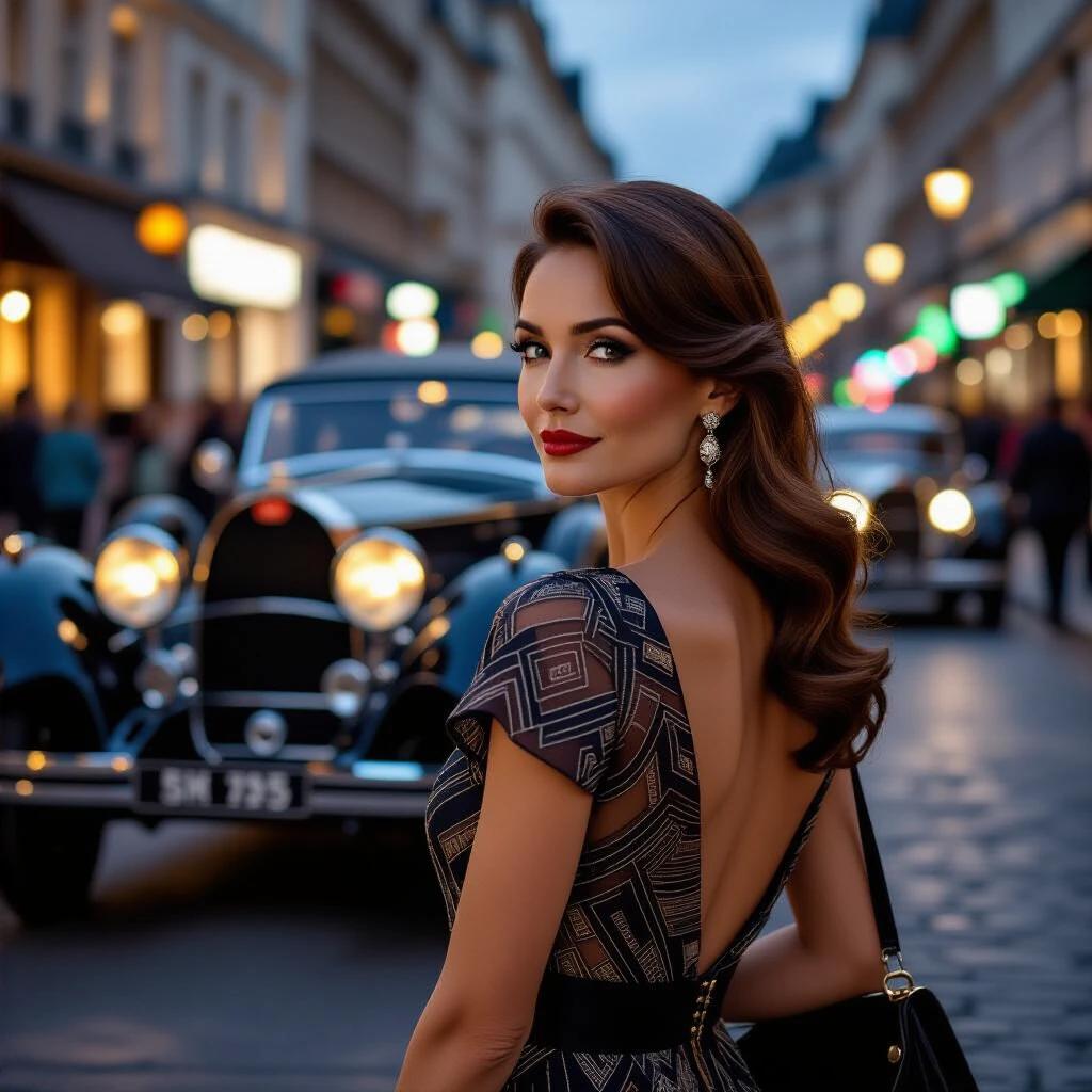 A beautiful mature woman poses slightly from behind on a bustling urban street during dusk. She has dark auburn hair styled gracefully. Her intriguing retro Art Deco dress features intricate geometric designs. The background captures a vibrant evening scene with a classic Bugatti Type 35 car. The city street includes motion-blurred pedestrians. The image showcases sharp focus on the woman with extreme detail on the fabric and accessories. Warm sunset light creates an atmospheric glow while the deep blue of twilight sets off the surroundings.
