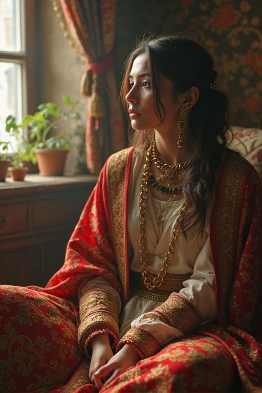 A woman in traditional attire with intricate jewelry sitting near a window. The background features vintage decor and a plant on a wooden table. Soft lighting enhances the ambiance of the scene.