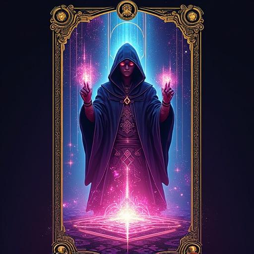 Artwork displays a cyber-mage in a hood manipulating holographic tools above a glowing circuit sigil. Neon elements in a dramatic lighting setting. Vertical format with ornate framing and a techno-mystical atmosphere.