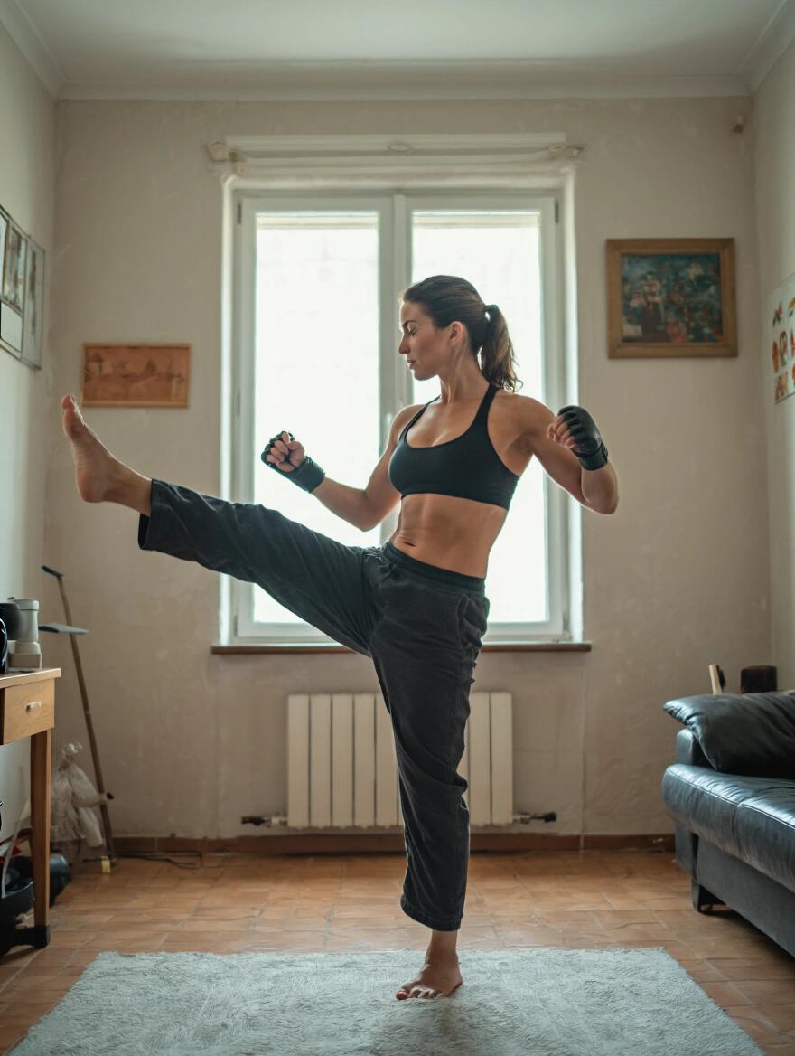 Athletic woman practicing martial arts indoors. Performing a high kick. Wearing black leggings and sports bra. Room is well-lit with natural light.