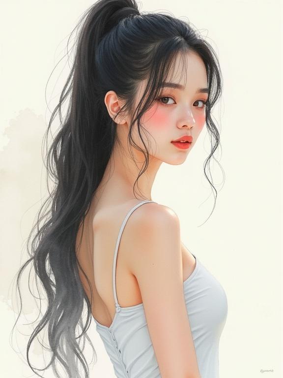 A watercolor portrait illustration of a model with a small smile. Features the model wearing a white dress with long hair and an innocent face. Perfect anatomy depicted using wet-to-wet background technique. Includes detailed painting style, rendered in 8k resolution with inspiration from various artists.