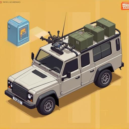 Illustration of an off-road vehicle equipped with military gear on top. Vehicle is shown in an isometric view with detailed accessories. The color scheme includes white, black, and green elements with a bright, vivid appearance.