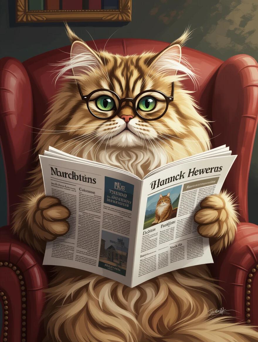 Digital artwork of a distinguished Persian cat with reading glasses. Cat sits in a cozy armchair. Cat reads a physical newspaper. Artwork is illustrative and painterly. High detail in character features and environment.