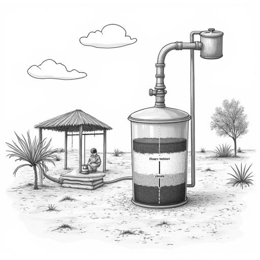 A black-and-white line-art diagram of a rainwater filtration system. A rainwater tank connects to a filtration setup. The filter includes gravel sand and charcoal, clearly labeled. An output hose directs clean water to a container. A person pours water through the filter. The backdrop shows a simple outback landscape with a shelter and red soil. A schematic style used with precise labels.