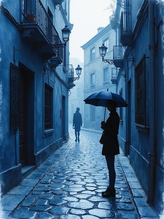 Silhouette of a woman holding an umbrella in a blue monochrome alley. Cobblestone street with a misty background.  A man in shadowed perspective walks away in the background.